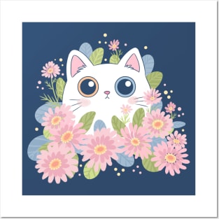 Cute white cat surrounded by pink flowers art Posters and Art